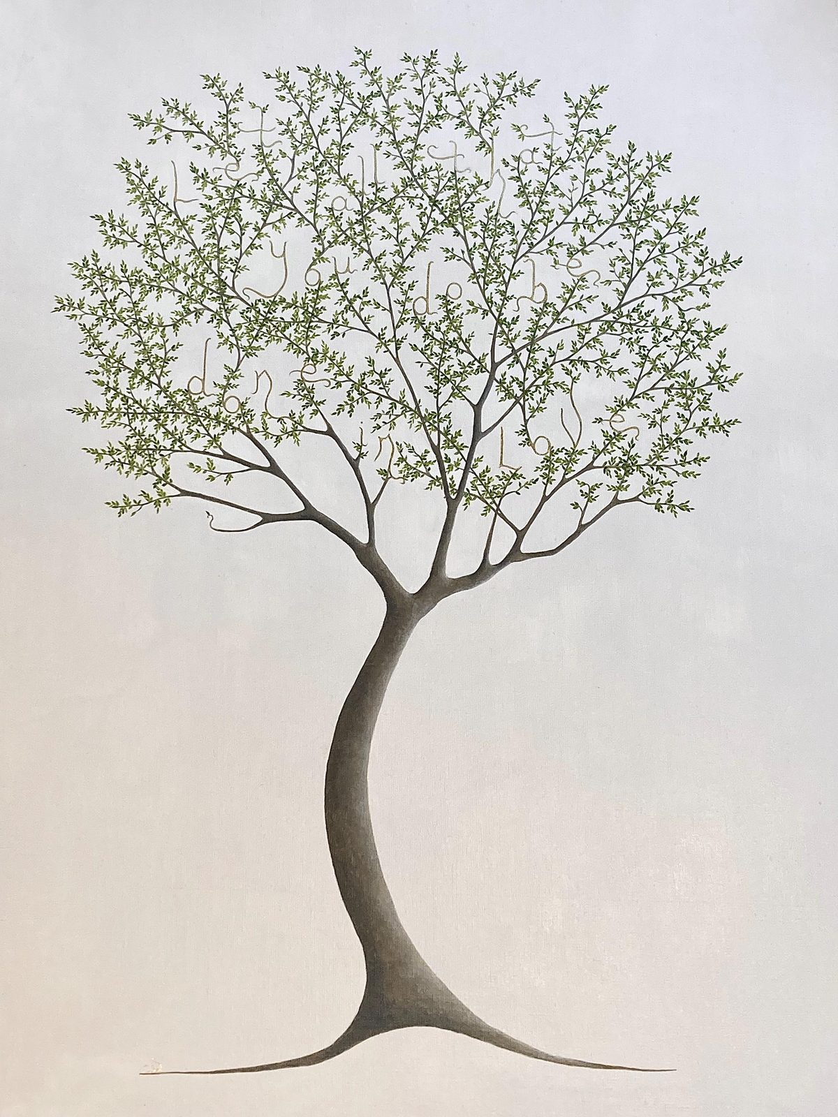 A tall painted tree on a pale lilac ground; its twigs form the words of a Bible verse