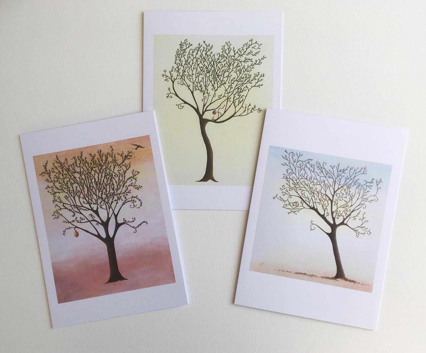 Three tree greetings cards fanned out on white